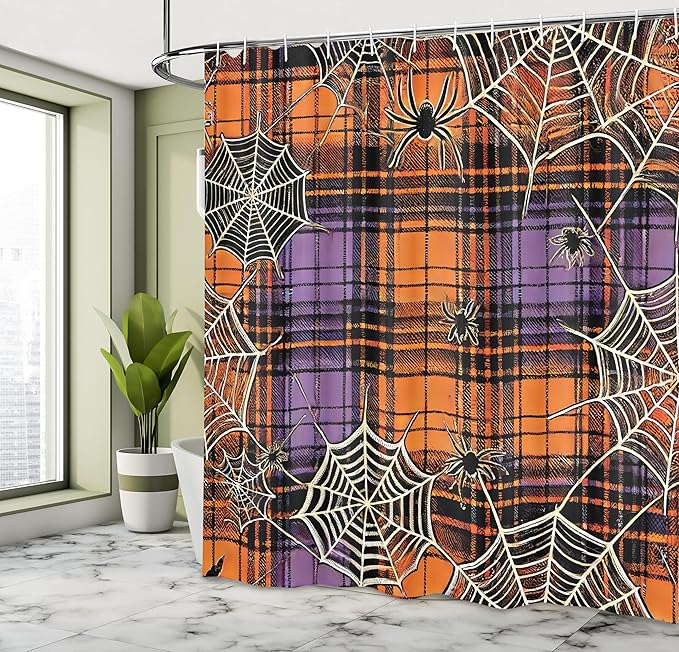 Ambesonne Halloween Shower Curtain, Rustic Horror Themed Classic Autumn Tones Buffalo Plaid with Spiders, Cloth Fabric Bathroom Decor Set with Hooks, 69" W x 75" L, Apricot Lilac Dark Grey