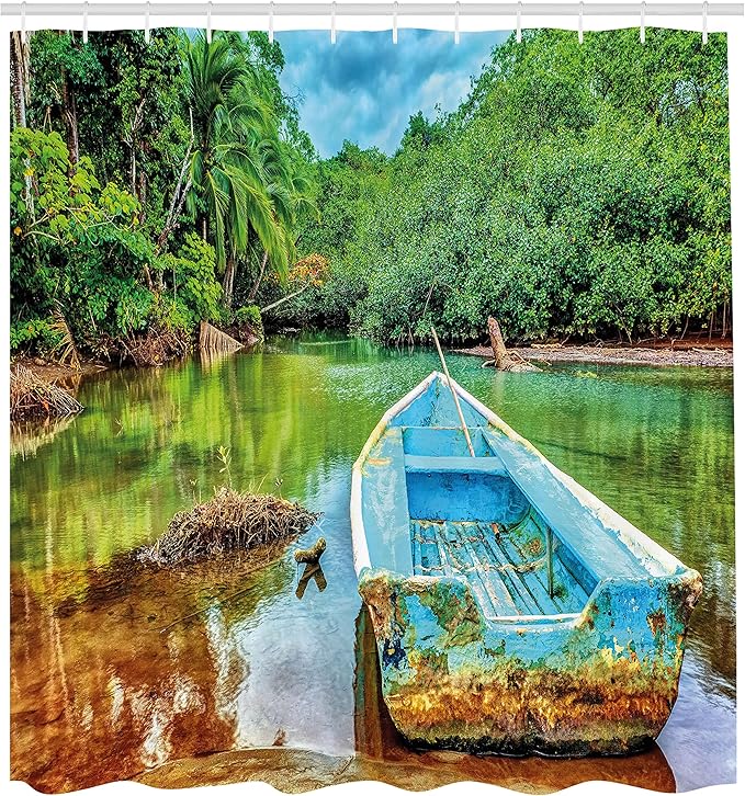 Ambesonne Landscape Shower Curtain, Old Boat in Tropical River in National Park of Costa Rica Nature Photo, Cloth Fabric Bathroom Decor Set with Hooks, 69" W x 70" L, Green Brown