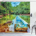 Ambesonne Landscape Shower Curtain, Old Boat in Tropical River in National Park of Costa Rica Nature Photo, Cloth Fabric Bathroom Decor Set with Hooks, 69" W x 70" L, Green Brown