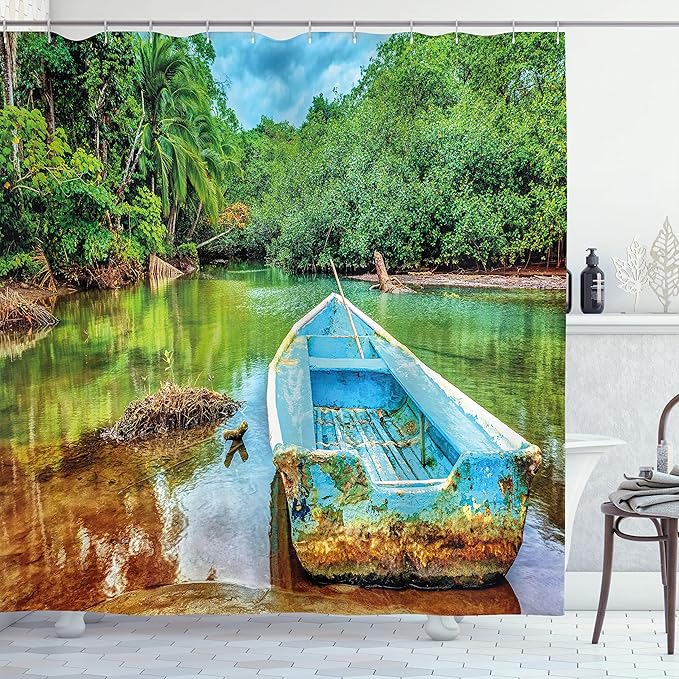 Ambesonne Landscape Shower Curtain, Old Boat in Tropical River in National Park of Costa Rica Nature Photo, Cloth Fabric Bathroom Decor Set with Hooks, 69" W x 70" L, Green Brown