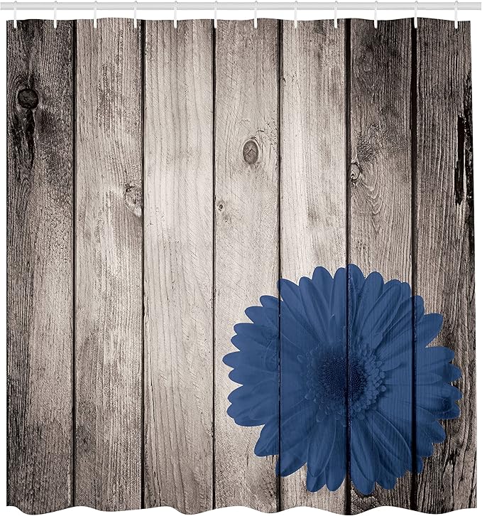 Ambesonne Rustic Shower Curtain, Flower Red Dahlia on Foreground of Murky Featured Dated Wooden Board Retro Art Print, Cloth Fabric Bathroom Decor Set with Hooks, 69" W x 84" L, Royal Blue