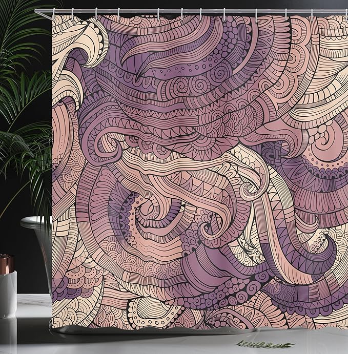 Ambesonne Abstract Shower Curtain, Ocean Inspired Graphic Paisley Pattern Swirled Hand Drawn Artwork Print, Cloth Fabric Bathroom Decor Set with Hooks, 69" W x 84" L, Eggplant Peach