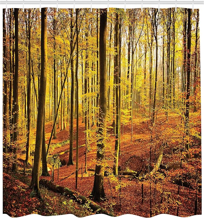 Ambesonne Forest Shower Curtain, Autumn in Brakelbos Theme Forest Fall Park Golden Yellow Sun Rays, Cloth Fabric Bathroom Decor Set with Hooks, 69" W x 70" L, Orange Yellow