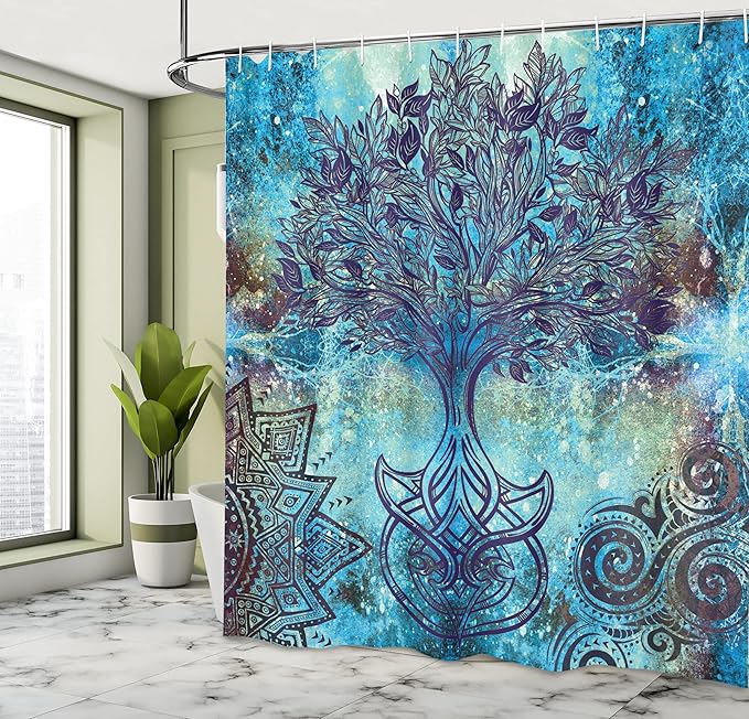 Ambesonne Ethnic Shower Curtain, Grunge Style Tree Pattern Mandala and Spiral Shapes Blurry Art, Cloth Fabric Bathroom Decor Set with Hooks, 69" W x 84" L, Turquoise Brown