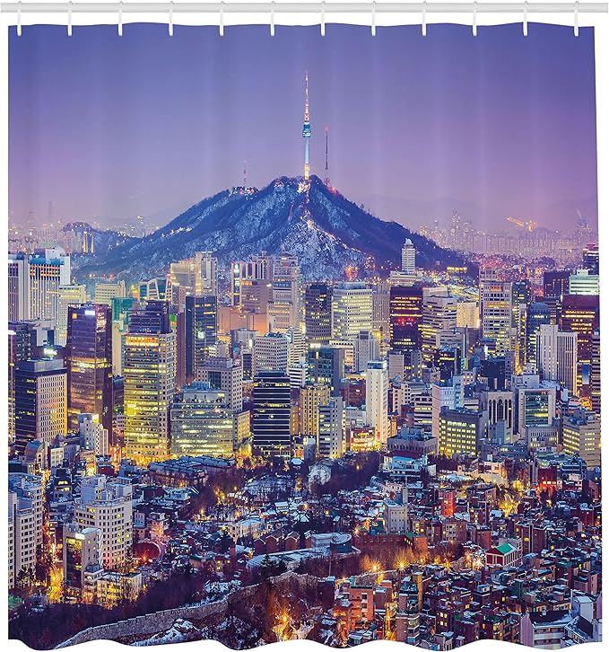 Ambesonne Modern Shower Curtain, Skyline of Seou South Korea Cityscape with Buildings Skyscrapers Urban View at Night, Cloth Fabric Bathroom Decor Set with Hooks, 69" W x 75" L, Indigo