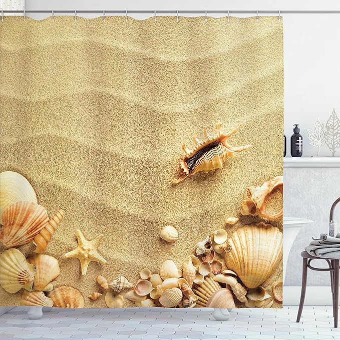 Ambesonne Seashells Shower Curtain, Seashells on Sandy Beach Starfish Summer Travel Destination Sand Shells Nature, Cloth Fabric Bathroom Decor Set with Hooks, 69" W x 84" L, Brown
