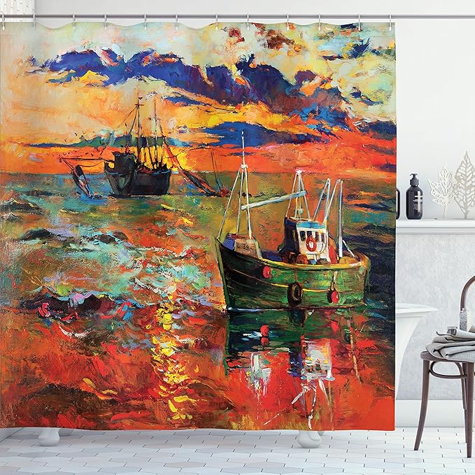 Ambesonne Country Shower Curtain, Pastel Color Paint of Sail Boats Fishing The Ocean by Early Morning at Sunset Art, Cloth Fabric Bathroom Decor Set with Hooks, 69" W x 84" L, Vermilion