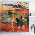 Ambesonne Country Shower Curtain, Pastel Color Paint of Sail Boats Fishing The Ocean by Early Morning at Sunset Art, Cloth Fabric Bathroom Decor Set with Hooks, 69" W x 84" L, Vermilion