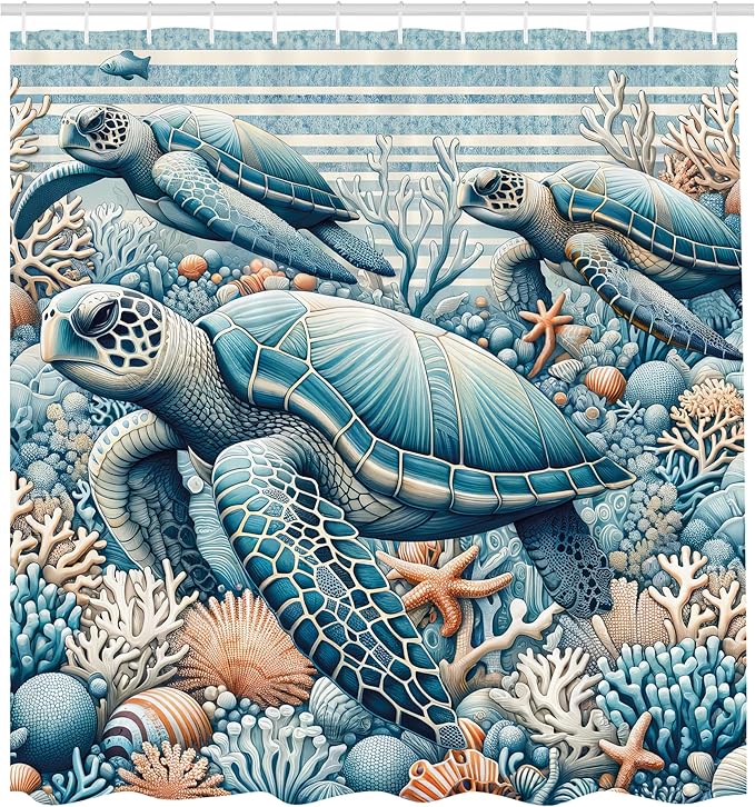 Ambesonne Turtle Shower Curtain, Underwater Corals and Loggerheads Sea Animals on Stripes Nautical Marine, Cloth Fabric Bathroom Decor Set with Hooks, 69" W x 84" L, Salmon and Sea Blue
