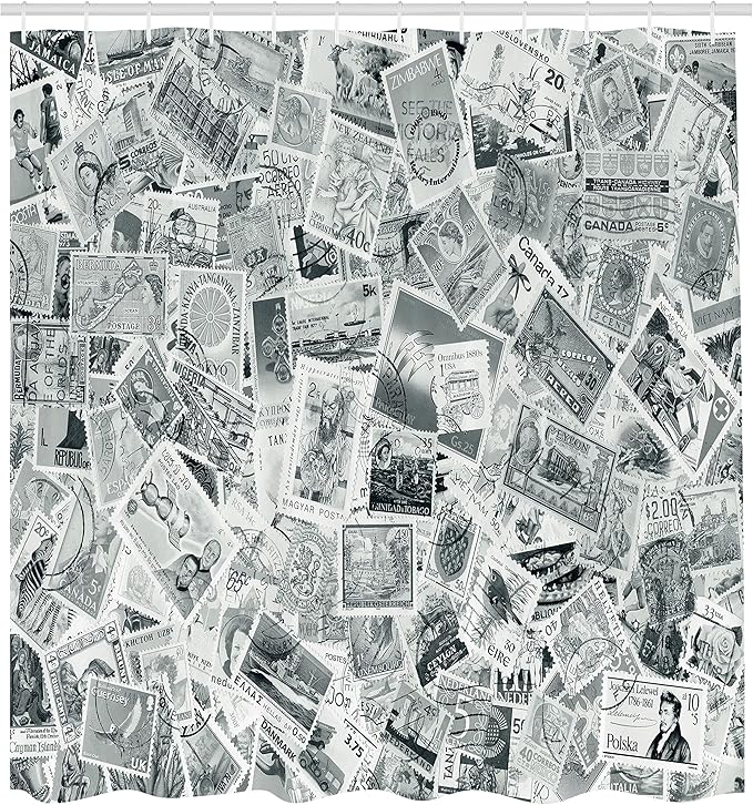 Ambesonne Modern Shower Curtain, Vintage Black and White Image of Large World Postage Stamps Travel Hobby Theme Artwork, Cloth Fabric Bathroom Decor Set with Hooks, 69" W x 70" L, Grey