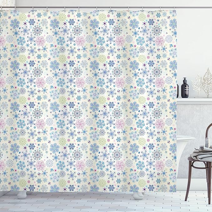 Ambesonne Snowflake Shower Curtain, Christmas Themed Abstract Winter Season Motifs and Leaves Colorful Composition, Cloth Fabric Bathroom Decor Set with Hooks, 69" W x 75" L, Cream Blue