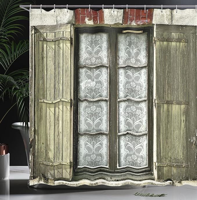 Ambesonne Country Shower Curtain, European French Window and Brick with an Antique Design Open The Shutters in a Vintage Style, Cloth Fabric Bathroom Decor Set with Hooks, 69" W x 84" L, White Brown
