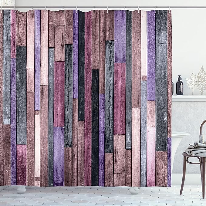 Ambesonne Wooden Print Shower Curtain, Brown Old Hardwood Floor Plank Grunge Lodge Garage Natural Rural Graphic, Cloth Fabric Bathroom Decor Set with Hooks, 69" W x 84" L, Blue Violet