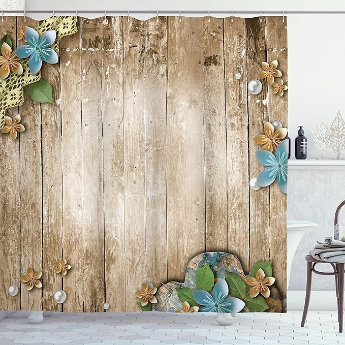 Ambesonne Pearls Shower Curtain, Flowers Pearls and Lace on Rustic Wooden Planks Background Vintage Style Print, Cloth Fabric Bathroom Decor Set with Hooks, 69" W x 75" L, Coffee Brown Blue