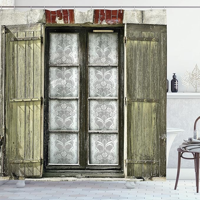 Ambesonne Country Shower Curtain, European French Window and Brick with an Antique Design Opening The Shutters in a Vintage Style Art, Cloth Fabric Bathroom Set with Hooks, 69" W x 70" L, White Brown