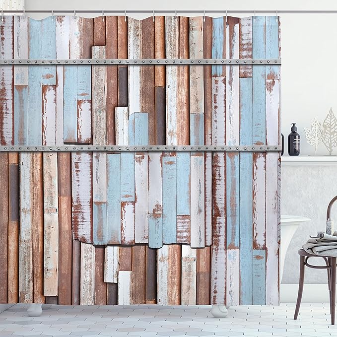 Ambesonne Rustic Shower Curtain, Nautical Wooden Planks Tree Designs on Rusty Screws Art Print, Cloth Fabric Bathroom Decor Set with Hooks, 69" W x 75" L, Brown White and Blue