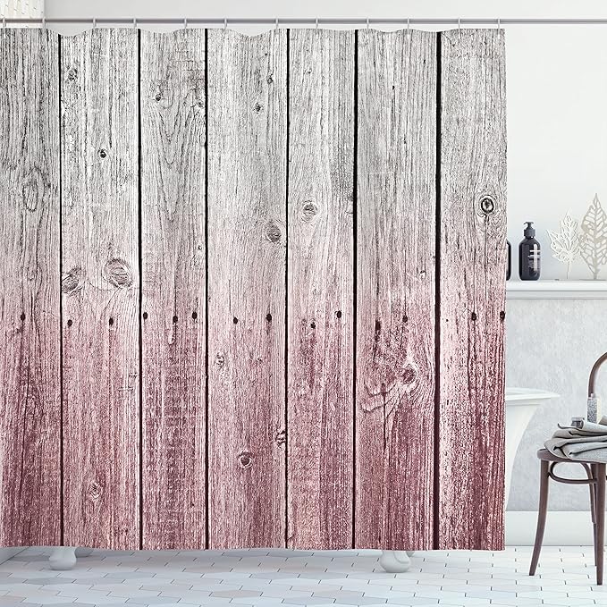 Ambesonne Rustic Shower Curtain, Wood Panels Background Digital Tones Effect Country House Art Image, Cloth Fabric Bathroom Decor Set with Hooks, 69" W x 70" L, Dried Rose Raspberry