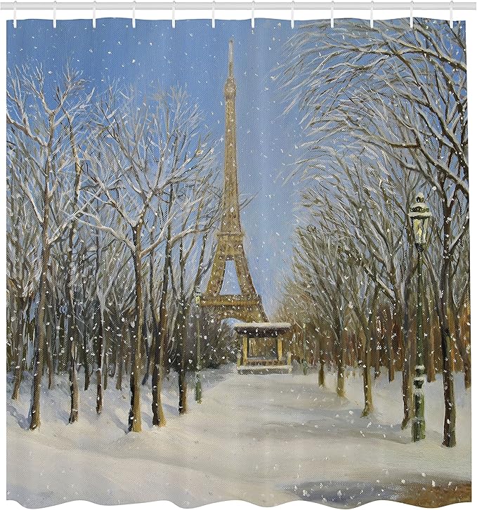 Ambesonne Country Shower Curtain, Winter Scene of Historical Eiffel Tower in Paris Snowy City Europe Urban View, Cloth Fabric Bathroom Decor Set with Hooks, 69" W x 70" L, White Blue Grey