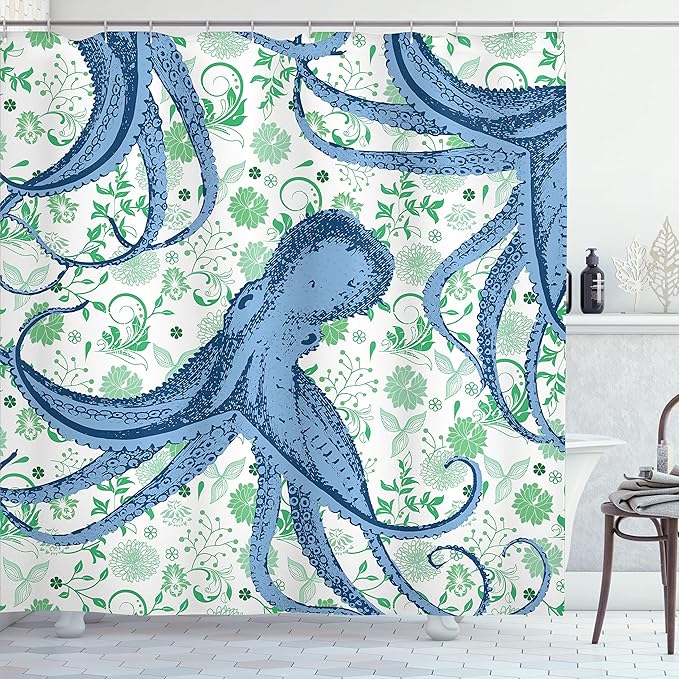 Ambesonne Nautical Shower Curtain, Sealife Sea Monster Octopus Kraken with Tentacles and Colorful Flowers, Cloth Fabric Bathroom Decor Set with Hooks, 69" W x 75" L, Mint Green