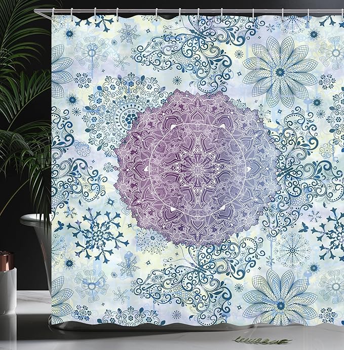 Ambesonne Mandala Shower Curtain, Floral Mandala Oriental Far Eastern Style Layout Print in Ombre Colors, Cloth Fabric Bathroom Decor Set with Hooks, 69" W x 70" L, Purple Blue