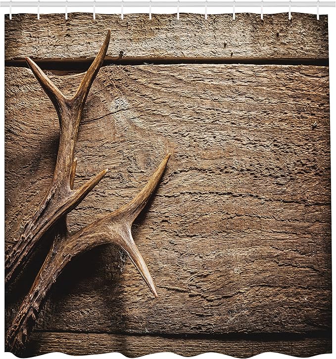 Ambesonne Antlers Shower Curtain, Deer Antlers on Wood Table Rustic Texture Surface Hunting Season Fall Gathering Art, Cloth Fabric Bathroom Decor Set with Hooks, 69" W x 70" L, Umber