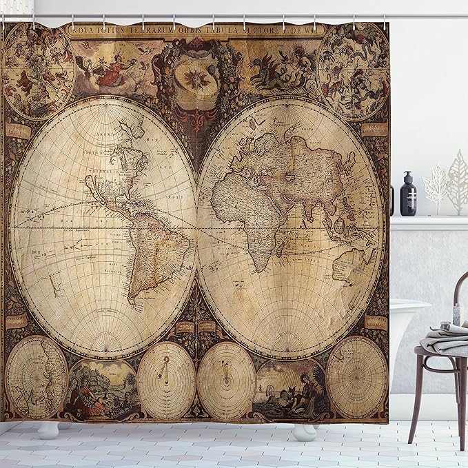 Ambesonne World Map Shower Curtain, Old World Map Drawn in 1720s Nostalgic Style Art Historical Atlas Vintage Design, Cloth Fabric Bathroom Decor Set with Hooks, 69" W x 70" L, Multicolor