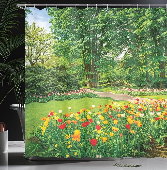 Ambesonne Garden Shower Curtain, Garden in Keukenhof Colorful Tulip Flowers and Trees Foliage Spring Season, Cloth Fabric Bathroom Decor Set with Hooks, 69" W x 75" L, Yellow Green