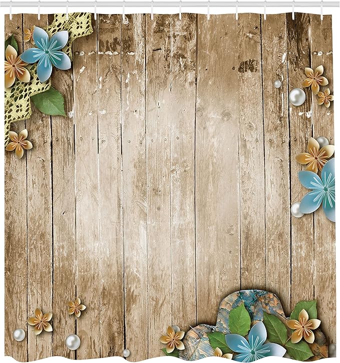 Ambesonne Pearls Shower Curtain, Flowers Pearls and Lace on Rustic Wooden Planks Background Vintage Style Print, Cloth Fabric Bathroom Decor Set with Hooks, 69" W x 75" L, Coffee Brown Blue