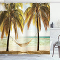 Ambesonne Beach Shower Curtain, Seascape with Hammock and Palm Trees on Shore Tropical Beach Setting Sun, Cloth Fabric Bathroom Decor Set with Hooks, 69" W x 84" L, Brown Green