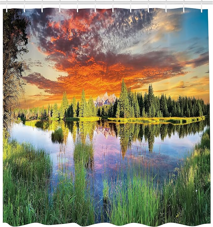 Ambesonne Landscape Shower Curtain, Calm Natural Sunrise by River Forest Trees Clouds Weeds Sun Reflection on Water, Cloth Fabric Bathroom Decor Set with Hooks, 69" W x 84" L, Green Orange