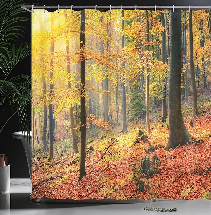 Ambesonne Forest Shower Curtain, Colorful Autumn Forest Sun Golden Yellow Trees Seasonal Scenics Picture, Cloth Fabric Bathroom Decor Set with Hooks, 69" W x 75" L, Orange Yellow