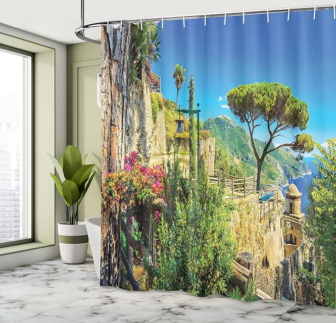 Ambesonne Scenery Shower Curtain, Mediterranean Stone Made Village with Trees Blossoms Flower Mountain and Sea, Cloth Fabric Bathroom Decor Set with Hooks, 69" W x 75" L, Multicolor Sky Blue