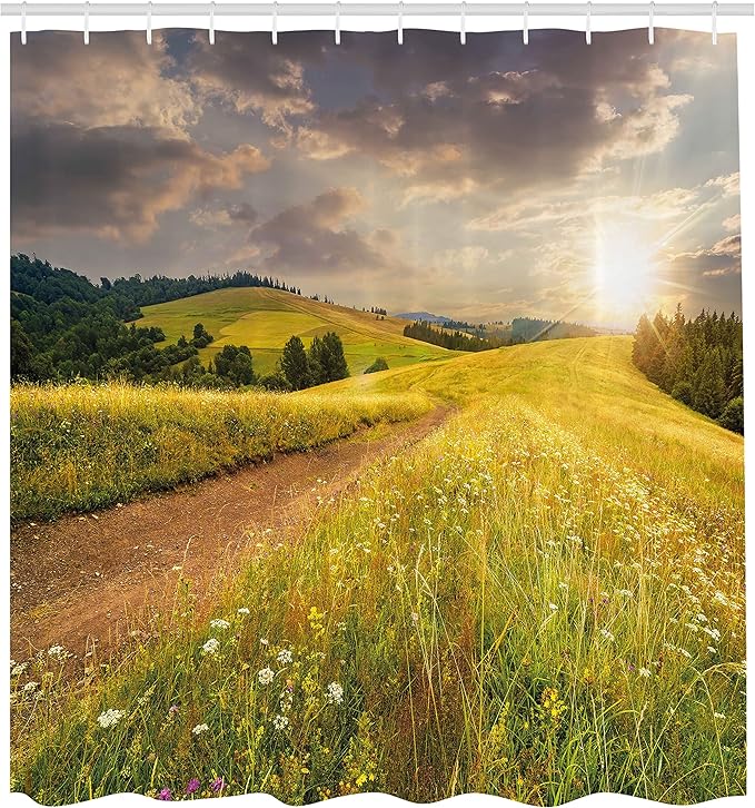 Ambesonne Nature Shower Curtain, Sunset on The Meadow Rural Country Flower Field and Trees Idyllic Scene, Cloth Fabric Bathroom Decor Set with Hooks, 69" W x 70" L, Lime Green Pale Brown