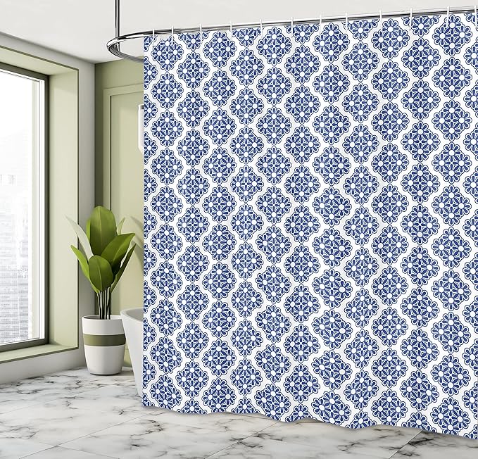 Ambesonne Moroccan Shower Curtain, Turkish Ottoman Mosaic Tiles with Floral Leaves Details Print, Cloth Fabric Bathroom Decor Set with Hooks, 69" W x 75" L, Turquoise Blue