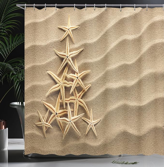 Ambesonne Starfish Shower Curtain, Christmas Tree from Shells on The Sand Maritime Summer Coast Holiday Vacation, Cloth Fabric Bathroom Decor Set with Hooks, 69" W x 75" L, Beige