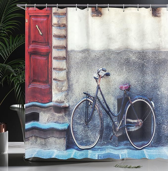 Ambesonne Bicycle Shower Curtain, Vintage Themed Bicycle Leans City Walls Modern Urban Street Regular Transportation Vehicle Image, Cloth Fabric Bathroom Decor Set with Hooks, 69" W x 70" L, Eggshell