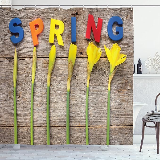 Ambesonne Daffodils Shower Curtain, Letters Spelling Word Spring with Daffodil Flowers on Wooden Backdrop Image, Cloth Fabric Bathroom Decor Set with Hooks, 69" W x 70" L, Yellow Red Blue