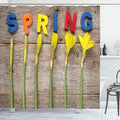 Ambesonne Daffodils Shower Curtain, Letters Spelling Word Spring with Daffodil Flowers on Wooden Backdrop Image, Cloth Fabric Bathroom Decor Set with Hooks, 69" W x 70" L, Yellow Red Blue