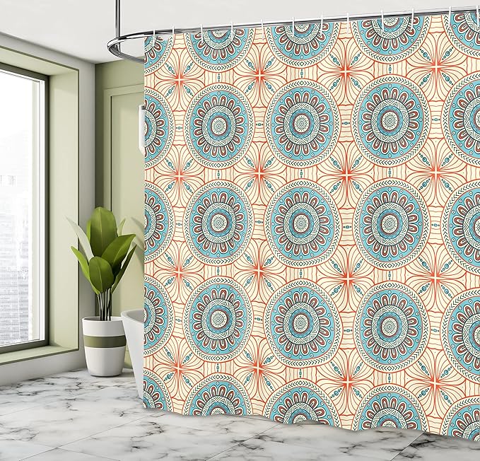 Ambesonne Tribal Shower Curtain, Abstract Style Background Flower Pattern Mystical Print, Cloth Fabric Bathroom Decor Set with Hooks, 69" W x 70" L, Aqua and Orange