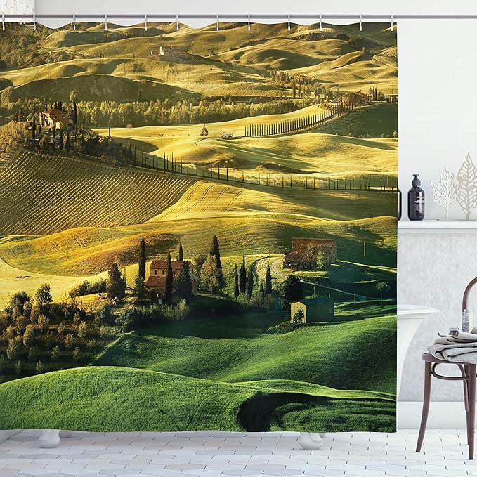 Ambesonne Tuscan Shower Curtain, Peaceful Landscape of Pienza Tuscany Vineyard Trees Meadow Hill House, Cloth Fabric Bathroom Decor Set with Hooks, 69" W x 70" L, Green and Khaki