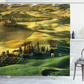 Ambesonne Tuscan Shower Curtain, Peaceful Landscape of Pienza Tuscany Vineyard Trees Meadow Hill House, Cloth Fabric Bathroom Decor Set with Hooks, 69" W x 70" L, Green and Khaki