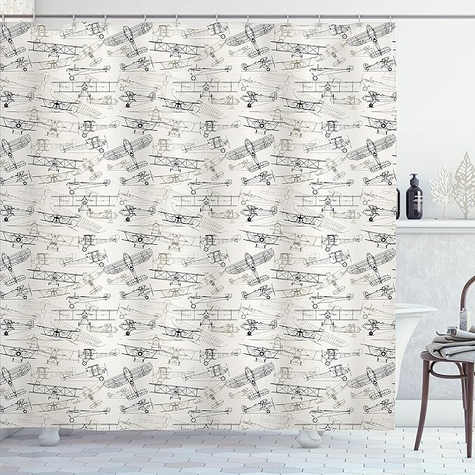 Ambesonne Airplane Shower Curtain, Old Fashioned Transportation Hand Drawn Style Vintage Pattern, Cloth Fabric Bathroom Decor Set with Hooks, 69" W x 70" L, Olive Green Tan