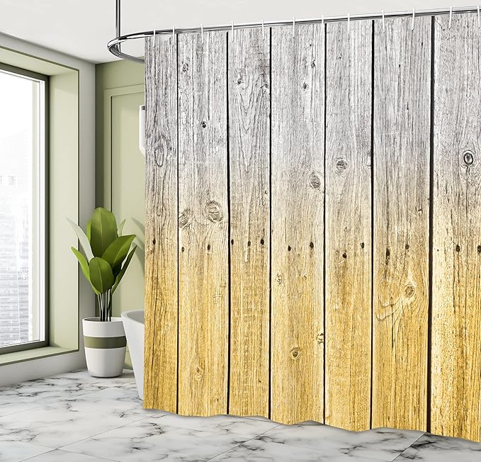 Ambesonne Rustic Shower Curtain, Wood Panels Background Digital Tones Effect Country House Art Image, Cloth Fabric Bathroom Decor Set with Hooks, 69" W x 84" L, Mustard Pearl