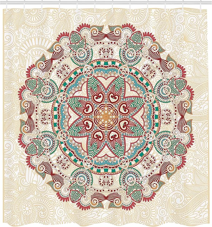 Ambesonne Mandala Shower Curtain, Oriental Mandala Vintage Style Boho Art Geometric Forms Pattern Image, Cloth Fabric Bathroom Decor Set with Hooks, 69" W x 70" L, Red Cream Green