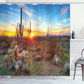 Ambesonne Saguaro Shower Curtain, Sun is Setting Between Saguaros Wildflowers in The Sonoran Desert Scene Picture, Cloth Fabric Bathroom Decor Set with Hooks, 69" W x 75" L, Aqua Green