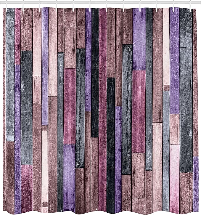 Ambesonne Wooden Print Shower Curtain, Brown Old Hardwood Floor Plank Grunge Lodge Garage Natural Rural Graphic, Cloth Fabric Bathroom Decor Set with Hooks, 69" W x 70" L, Blue Violet