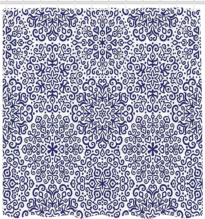 Ambesonne Indigo Shower Curtain, Mandala Pattern of Blooming with Trippy Flowery Hearts on Plain Backdrop Print, Cloth Fabric Bathroom Decor Set with Hooks, 69" W x 70" L, Indigo and White