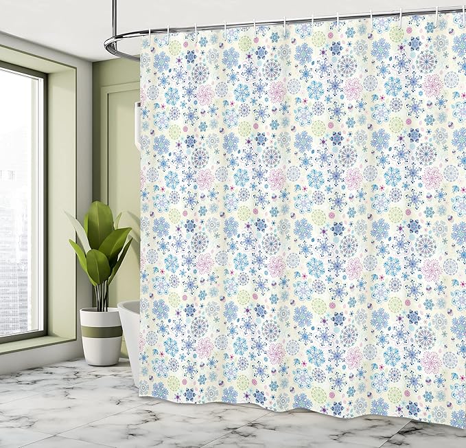 Ambesonne Snowflake Shower Curtain, Christmas Themed Abstract Winter Season Motifs and Leaves Colorful Composition, Cloth Fabric Bathroom Decor Set with Hooks, 69" W x 75" L, Cream Blue