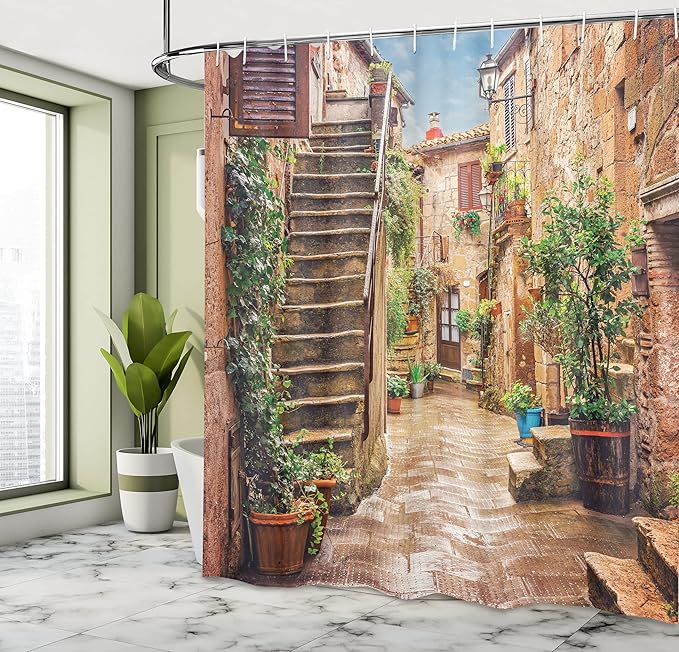 Ambesonne Italian Shower Curtain, View of Old Mediterranean Street Stone Rock Houses in Italy City Rural Print, Cloth Fabric Bathroom Decor Set with Hooks, 69" W x 70" L, Camel Hunter Green