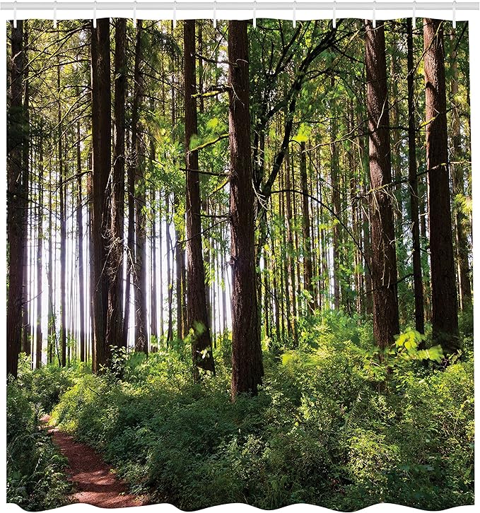 Ambesonne Forest Shower Curtain, Pathway in a Shady Forest of Bushes and Thick Trunks Grass Unique Wild Life Scenery, Cloth Fabric Bathroom Decor Set with Hooks, 69" W x 84" L, Green Brown